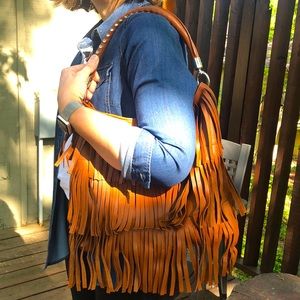 Garnet Hill Italian Leather Hobo Bag with Fringe